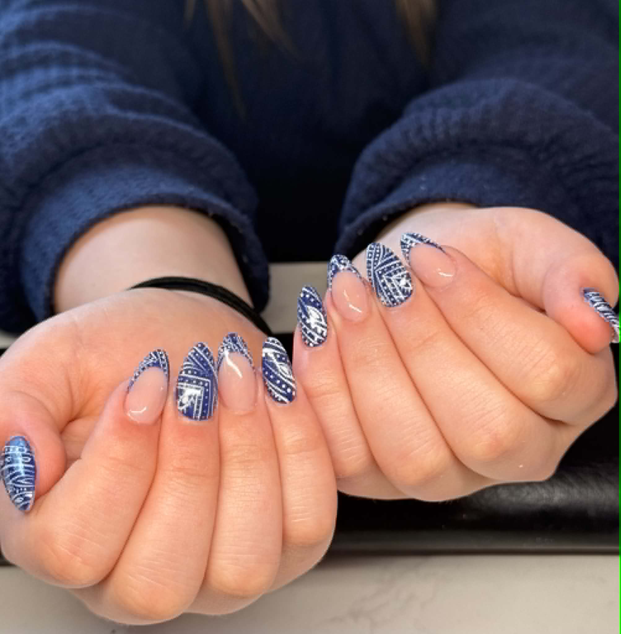 blue geometric french nail design