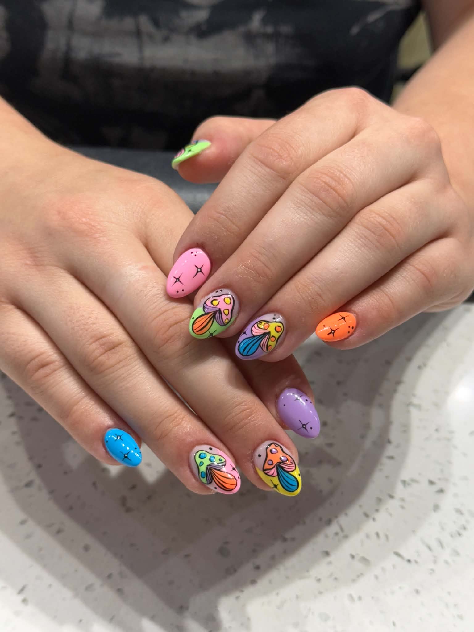 neon butterfly art nail design
