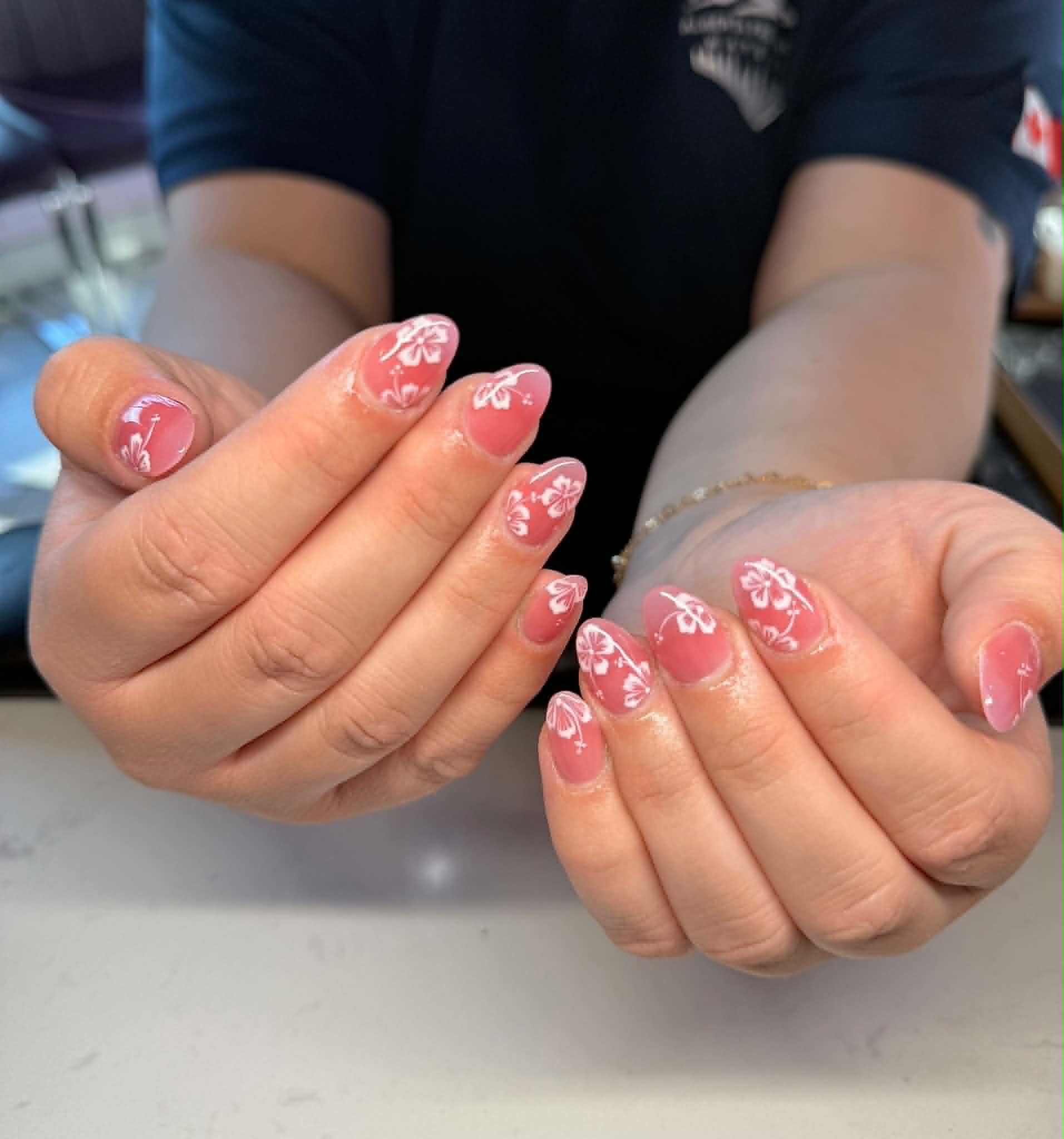 pink blossom line art nail design