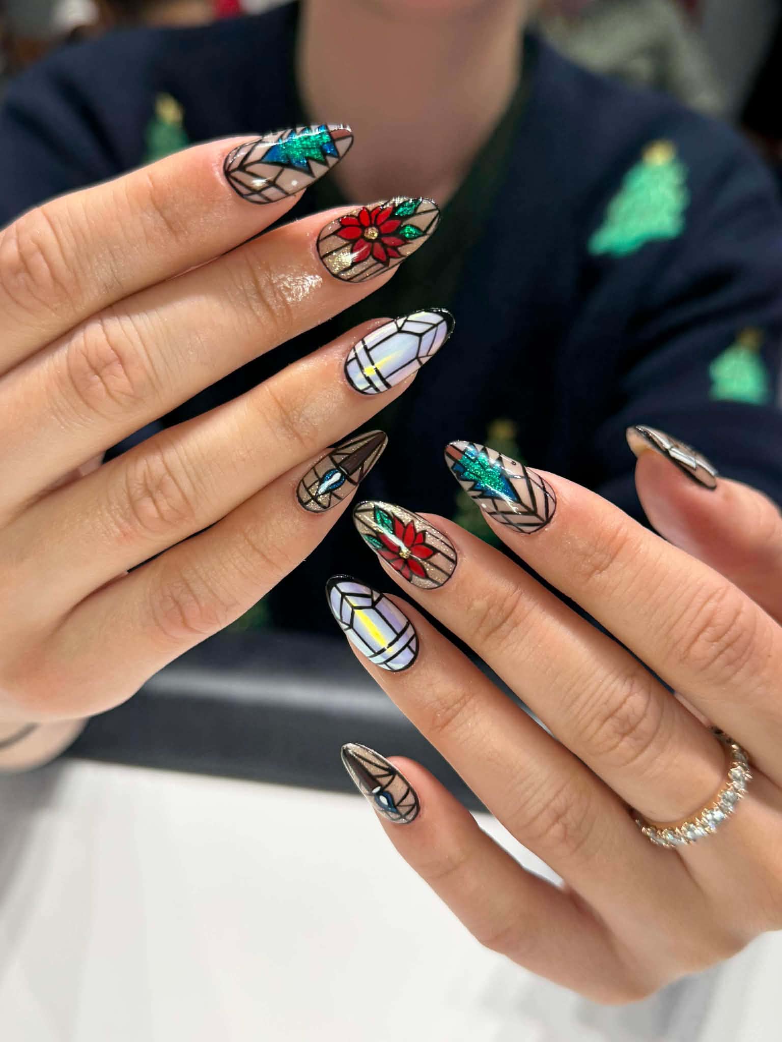 stained-glass holiday nail design