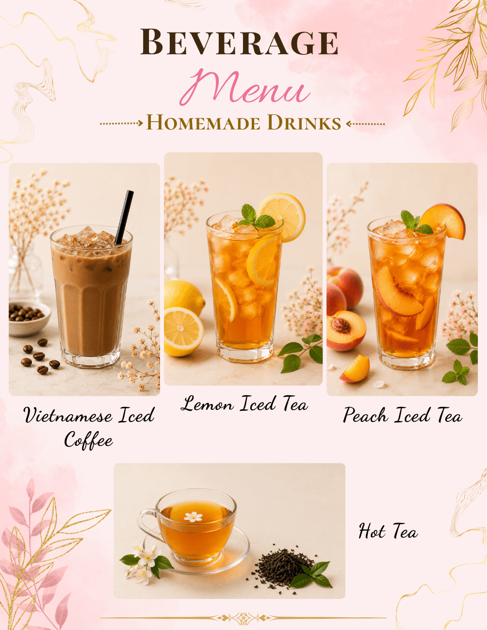 Radiance Nails & Spa welcome drink menu featuring Vietnamese iced coffee, lemon iced tea, peach iced tea, and hot tea